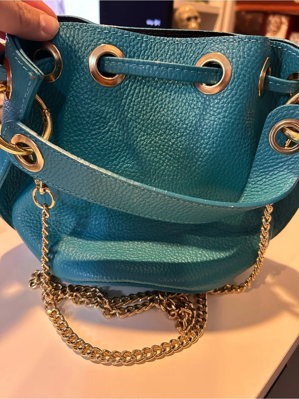 Anna Paola Teal Pebbled Leather Drawstring Bucket Bag